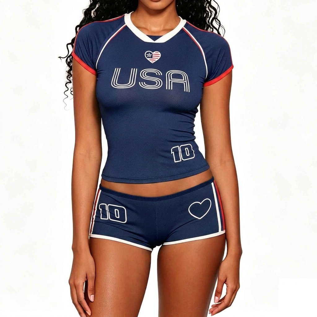 Blockette Aesthetic Women's Soccer Jersey Set Y2K Retro Ribbed Crop Top & Slim Fit Boy Shorts Co-ord