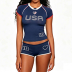 Blockette Aesthetic Women's Soccer Jersey Set Y2K Retro Ribbed Crop Top & Slim Fit Boy Shorts Co-ord