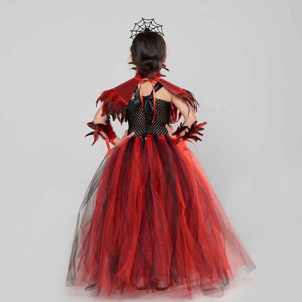 Girls Vampire Costume Red Gothic Medieval Queen Tutu Dress and Accessories for Kids Halloween Cosplay