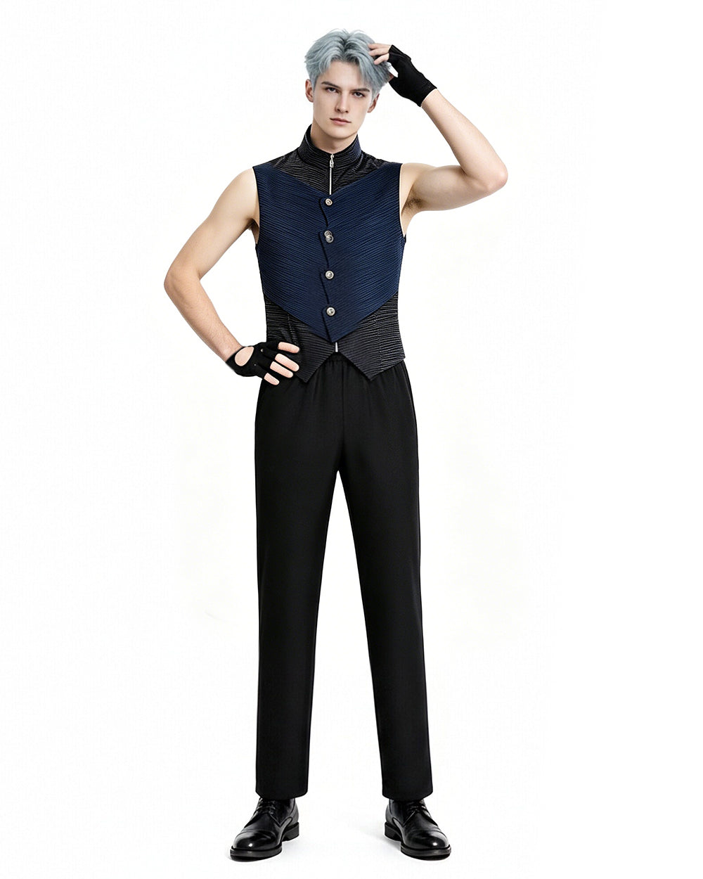 Men's Motivated Fighter Costume Black High Collar Trench Coat and Matching Pants Vest Gloves for Comic-Con Stage Performances