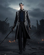 Men's Motivated Fighter Costume Black High Collar Trench Coat and Matching Pants Vest Gloves for Comic-Con Stage Performances
