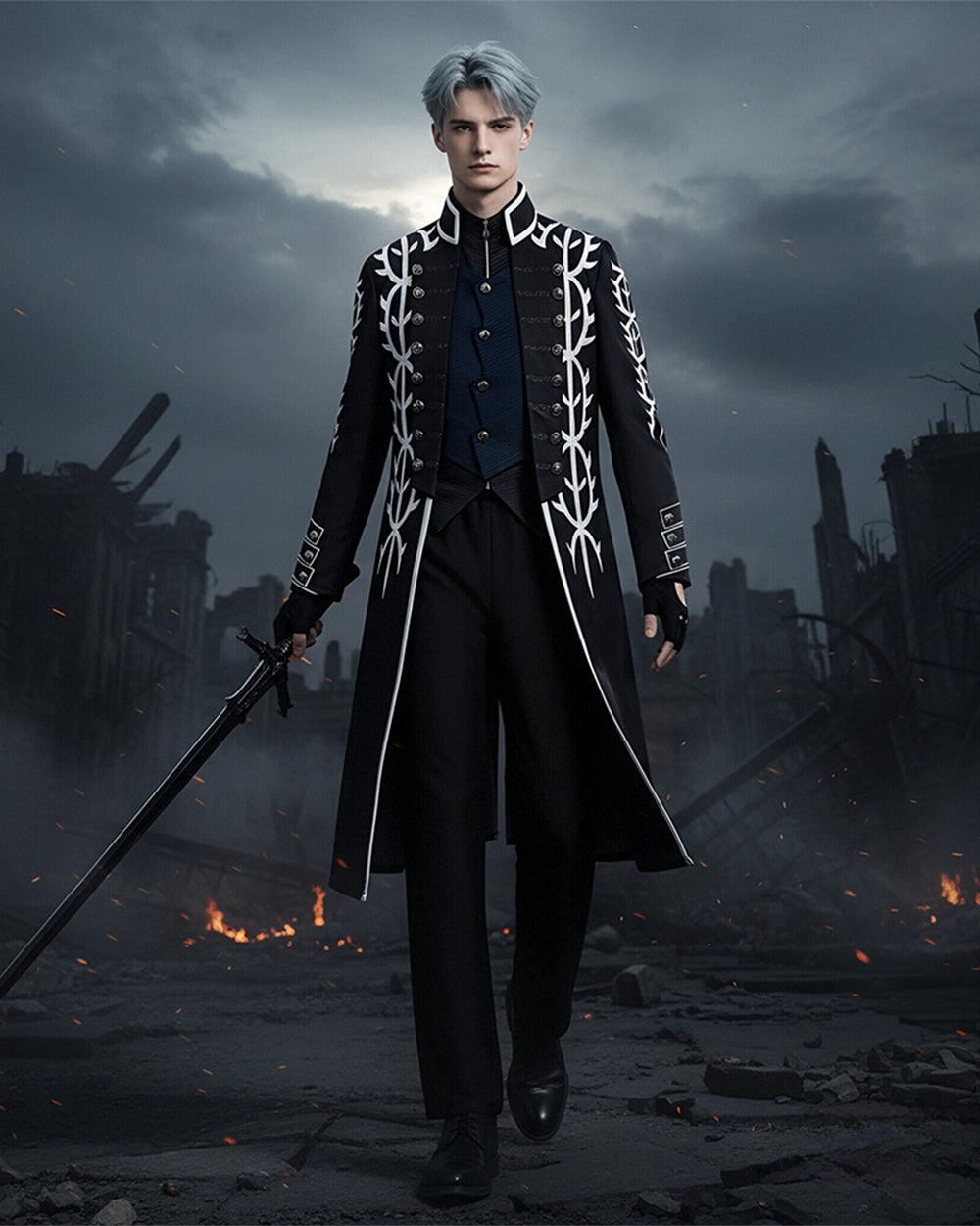Men's Motivated Fighter Costume Black High Collar Trench Coat and Matching Pants Vest Gloves for Comic-Con Stage Performances