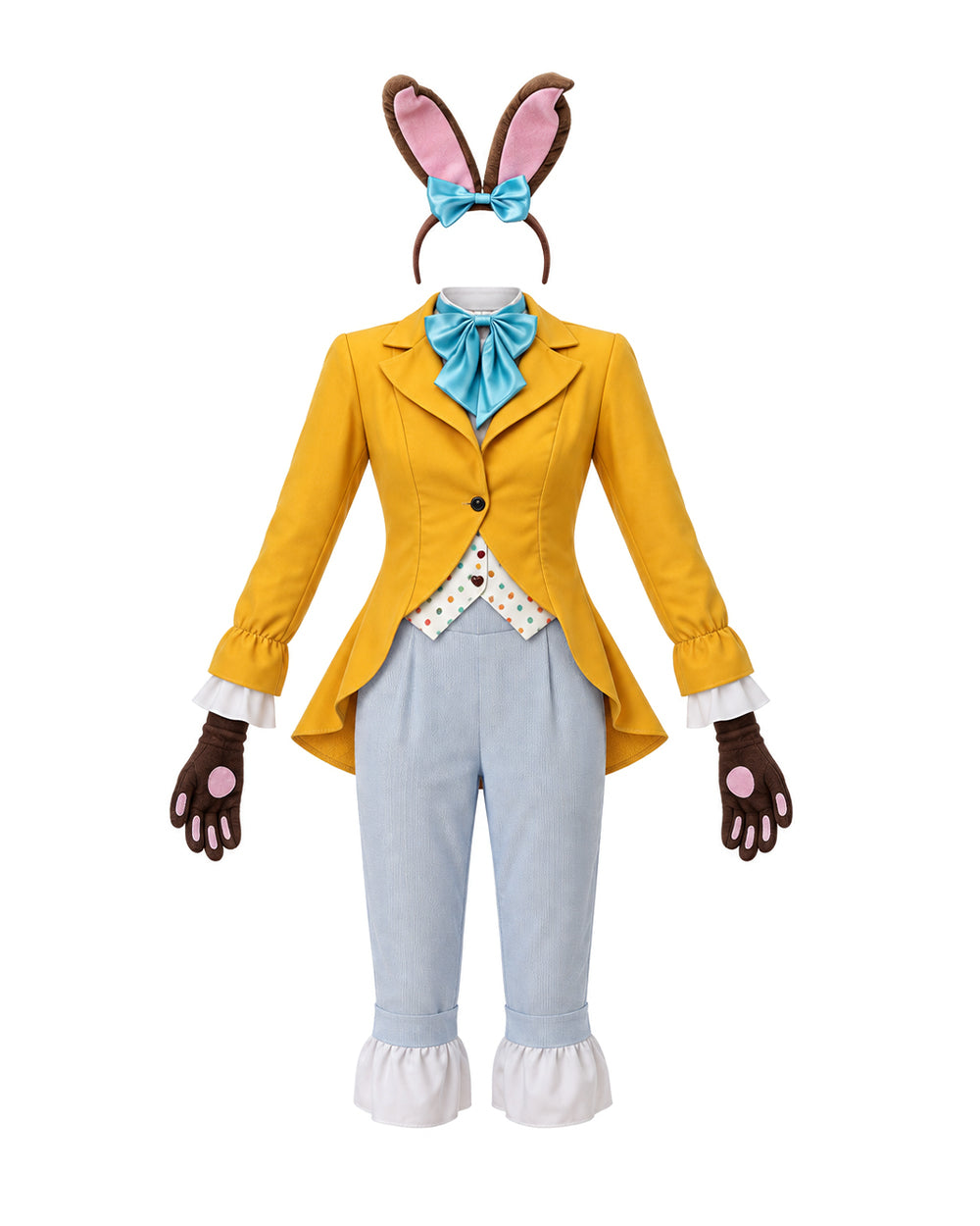 Women March Hare Costume Yellow Wonderland Jacket Cropped Pants with Headband and Gloves for Dress-up Party