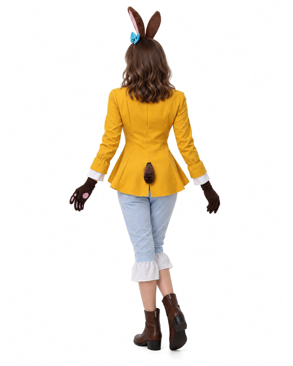 Women March Hare Costume Yellow Wonderland Jacket Cropped Pants with Headband and Gloves for Dress-up Party