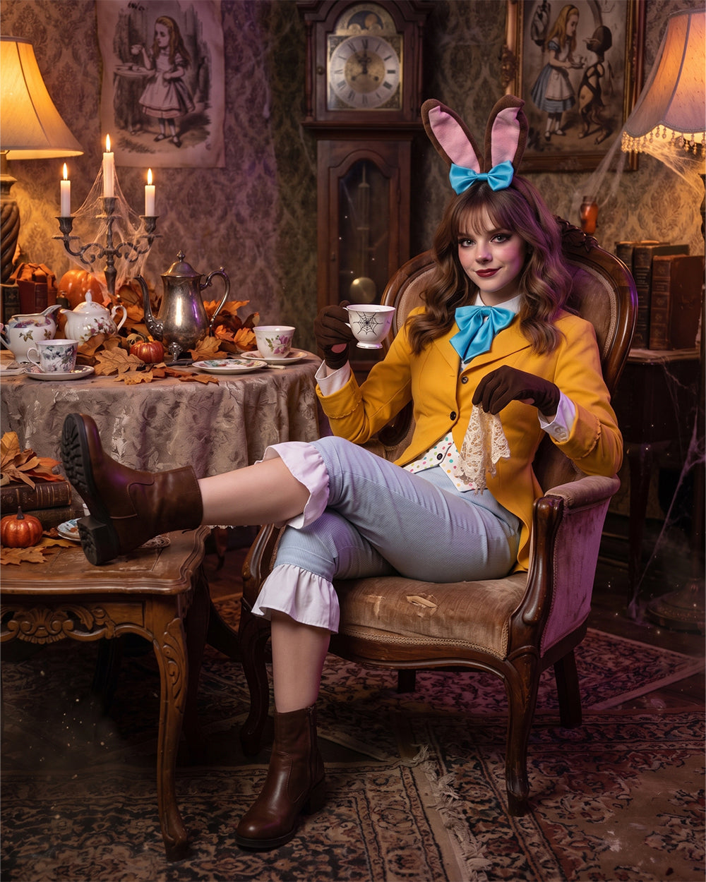 Women March Hare Costume Yellow Wonderland Jacket Cropped Pants with Headband and Gloves for Dress-up Party