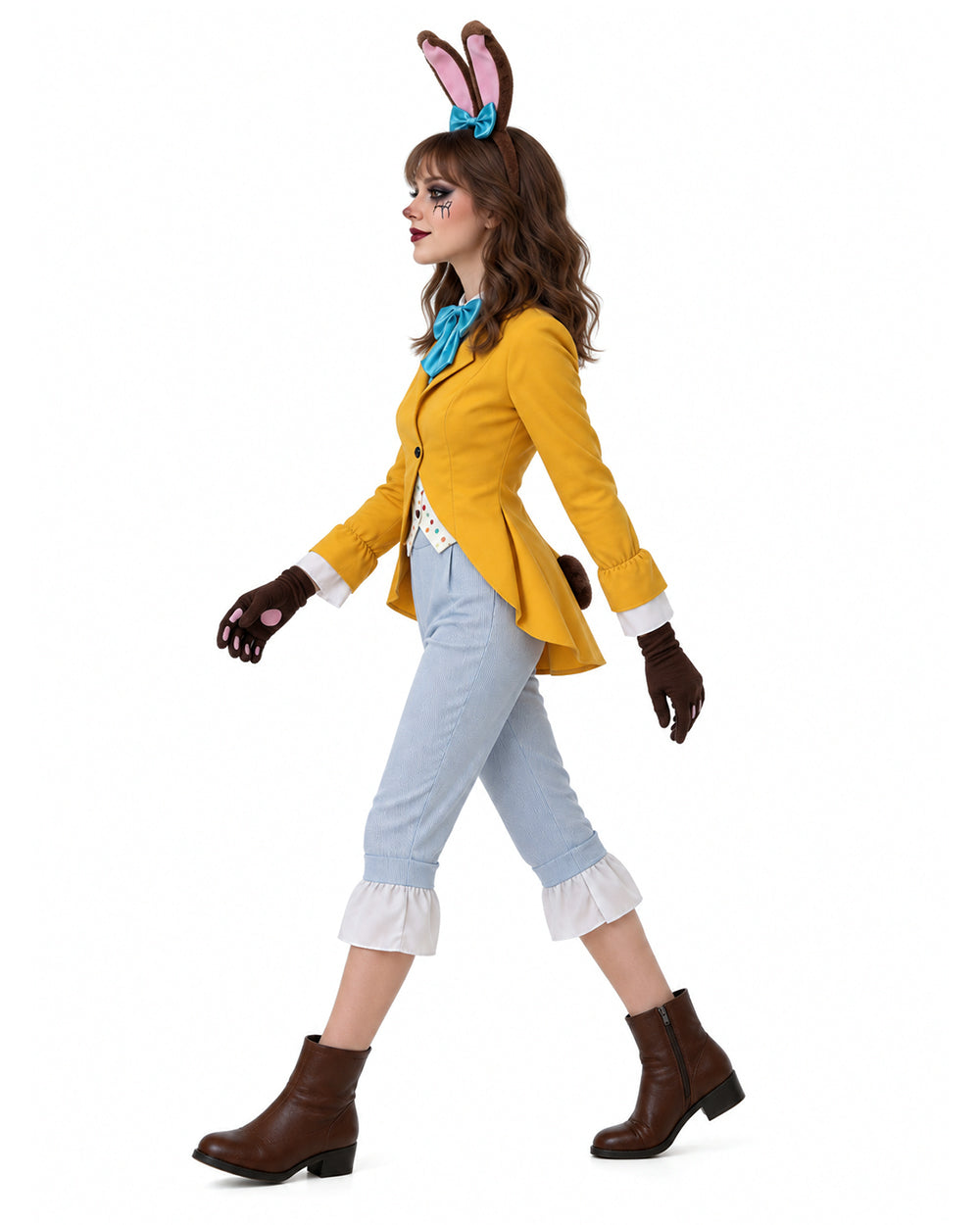Women March Hare Costume Yellow Wonderland Jacket Cropped Pants with Headband and Gloves for Dress-up Party