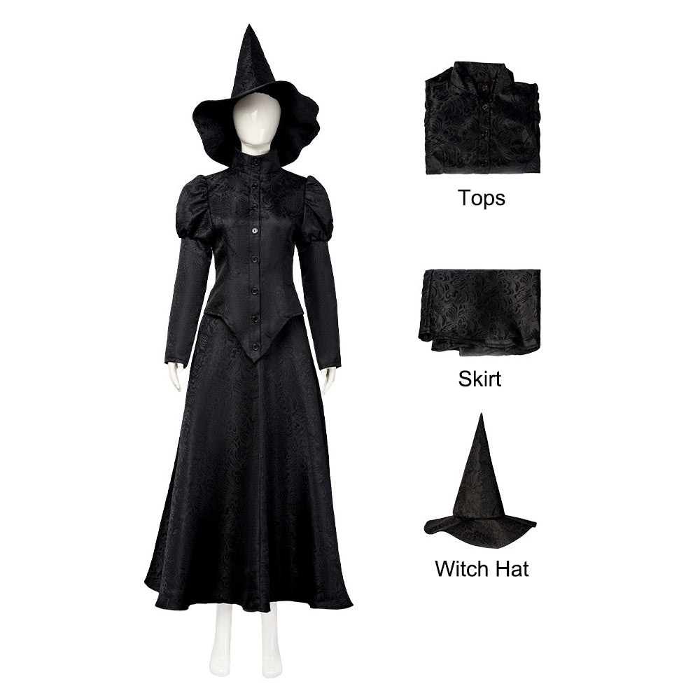 Women Elphaba Costume with Witch Hat Black Witch Dress for Halloween Cosplay