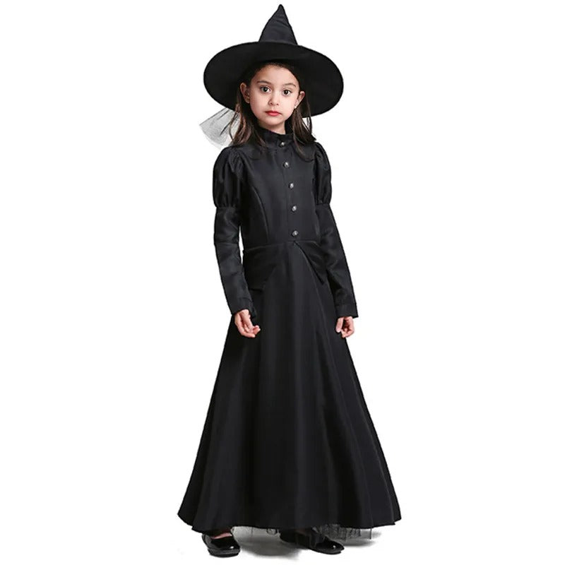 Black Witch Elphaba Costume Kids and Adults Witch Cosplay Dress with Hat Halloween Cosplay Outfit