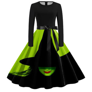 Female Elphaba Costume Green Casual Swing Maxi Dress with Belt for Daily Wear