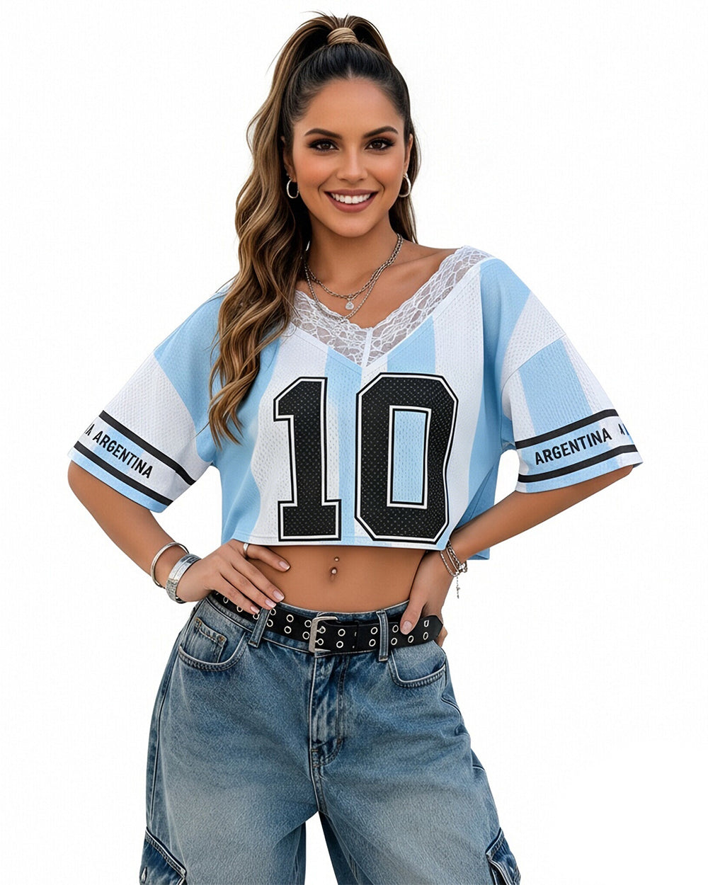 Women Argentina Jersey Blue White Striped Breathable Soccer Shirt for Stadium Wear Game Day Parties
