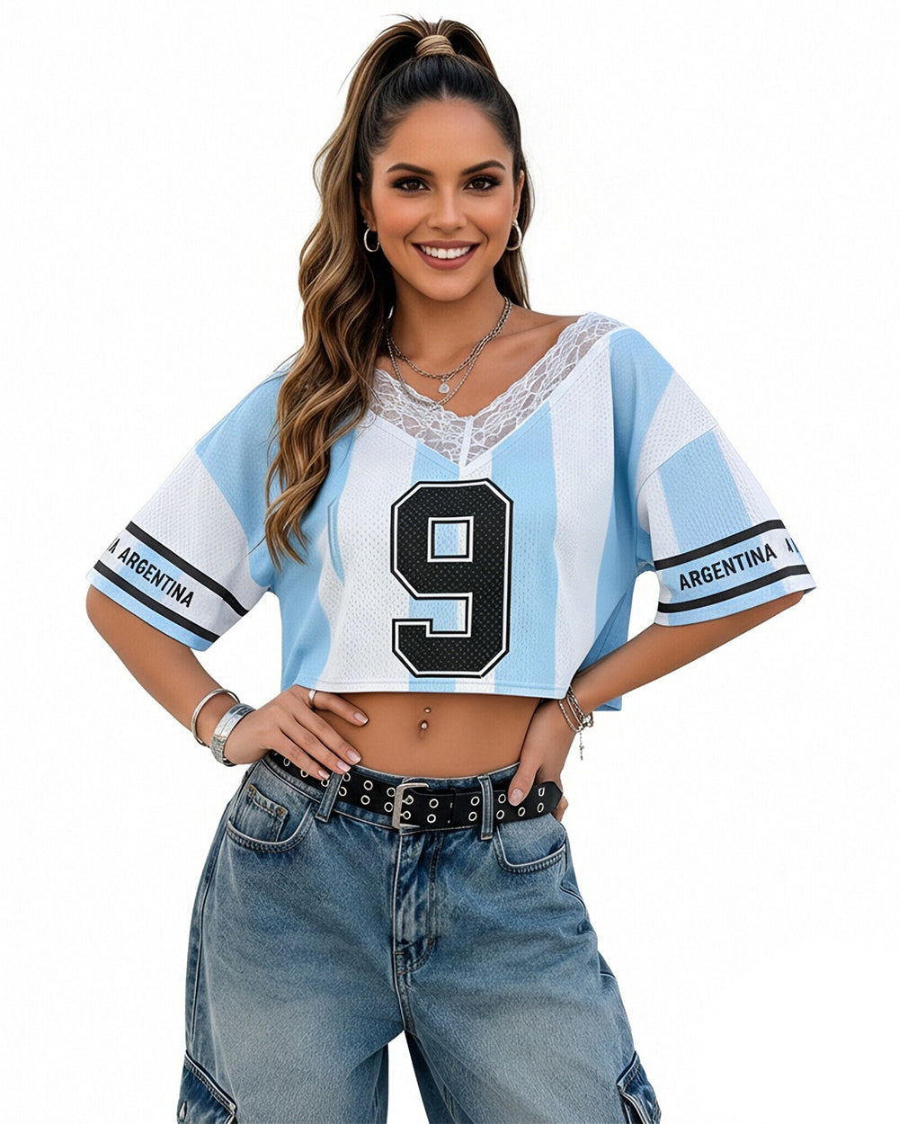 Women Argentina Jersey Blue White Striped Breathable Soccer Shirt for Stadium Wear Game Day Parties