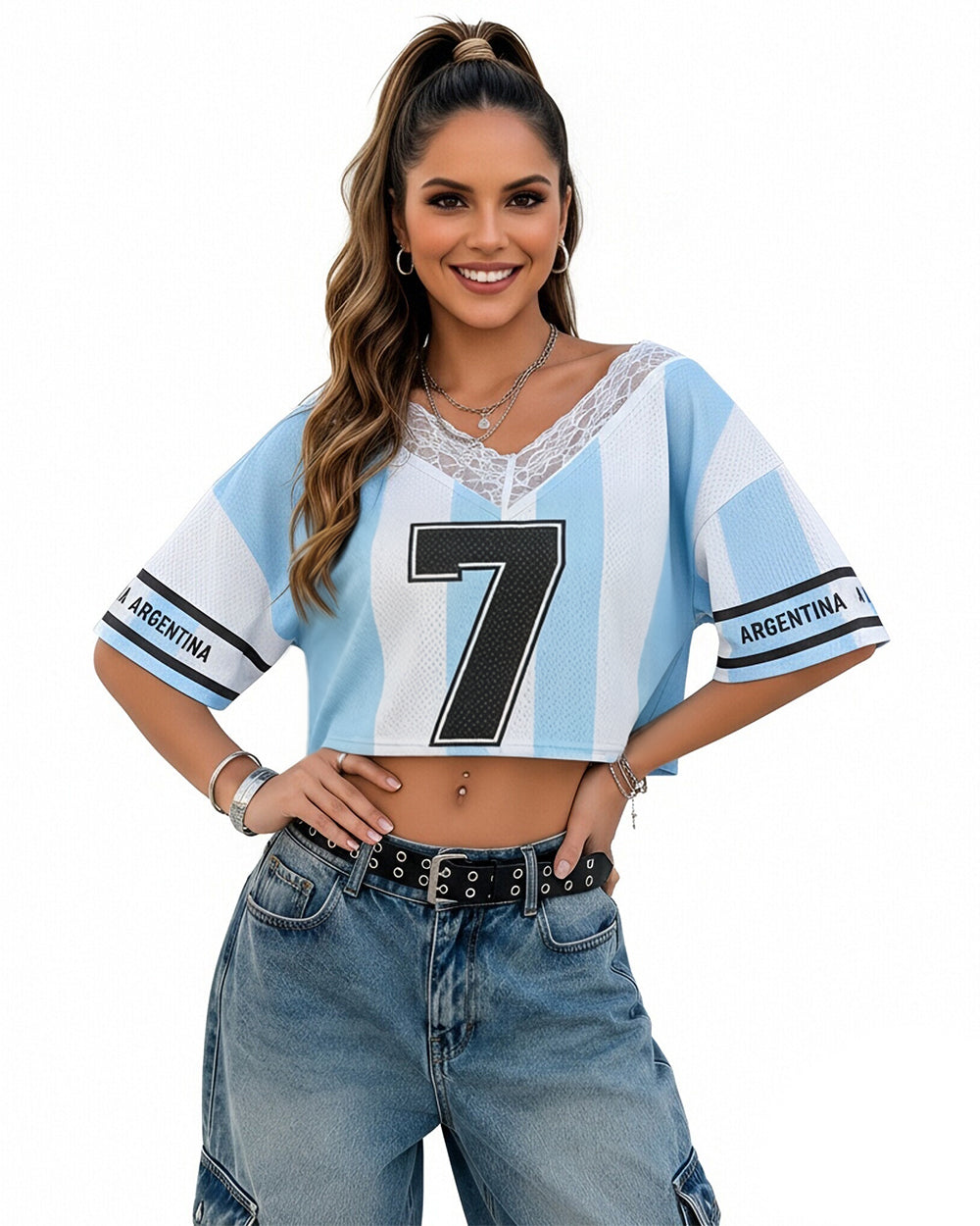 Women Argentina Jersey Blue White Striped Breathable Soccer Shirt for Stadium Wear Game Day Parties