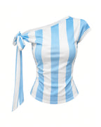 Women Argentina Jersey Striped One Shoulder Top Blue and White Shirt for Soccer Games Concerts and Casual Wear