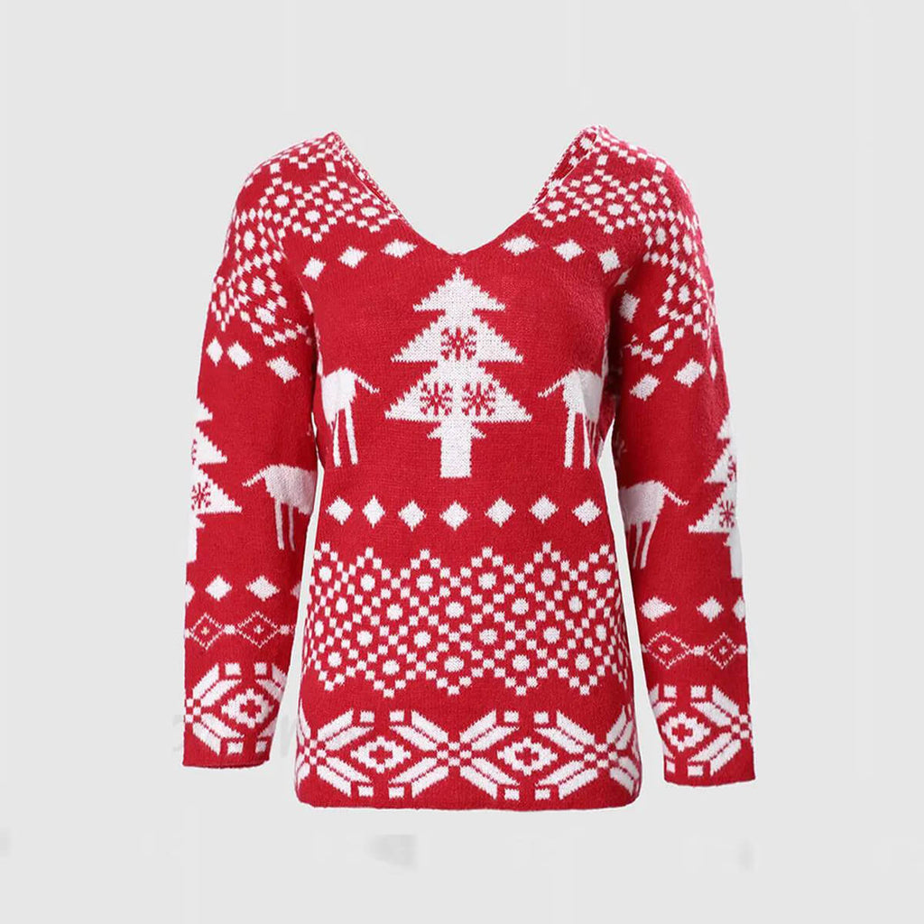 Women Christmas Sweater Criss Cross Backless Pullover Christmas Red Sweater with Long Sleeves