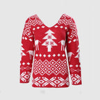 Women Christmas Sweater Criss Cross Backless Pullover Christmas Red Sweater with Long Sleeves