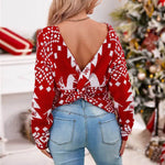 Women Christmas Sweater Criss Cross Backless Pullover Christmas Red Sweater with Long Sleeves