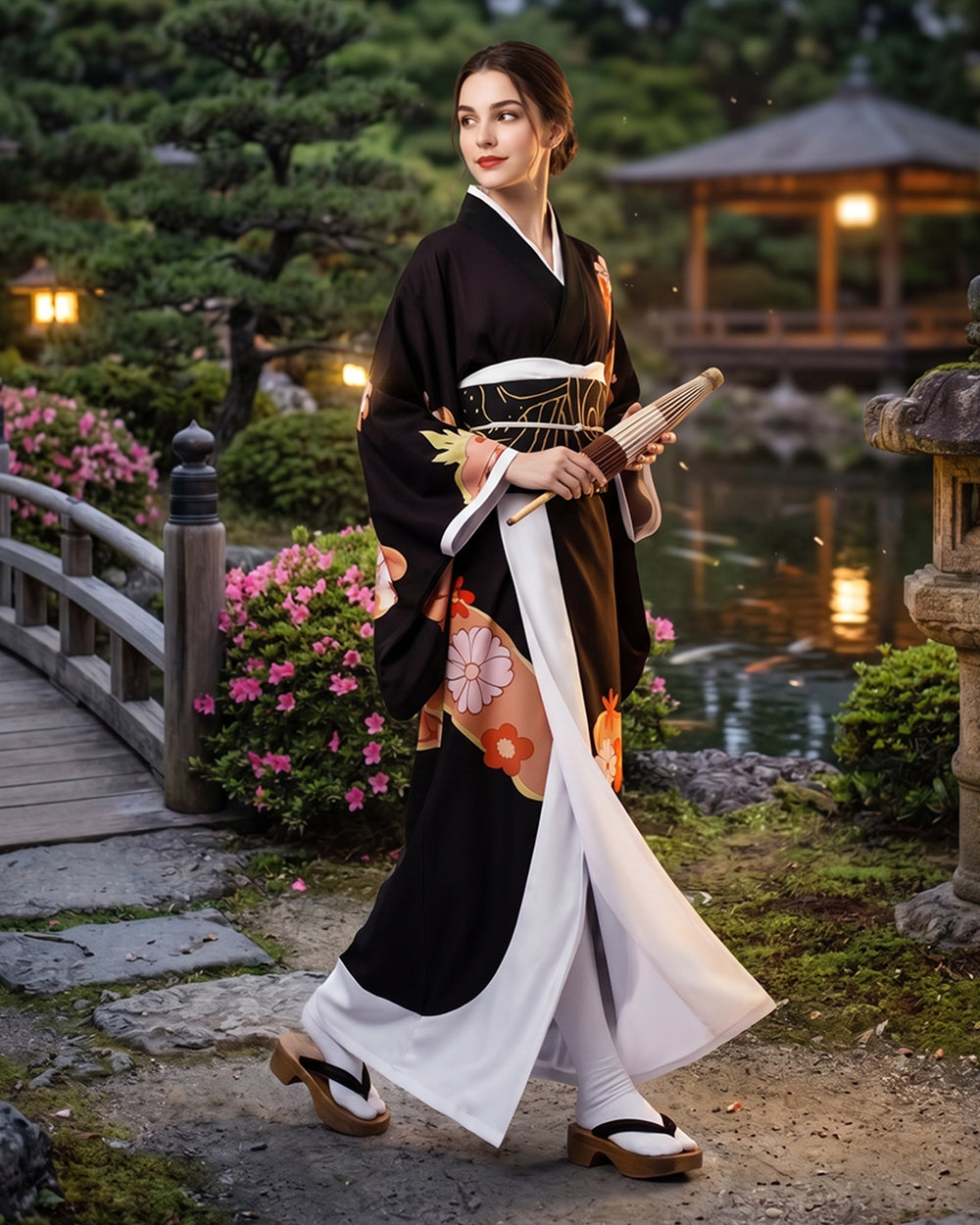Female Demon King Costume Japanese Traditional Floral Black Kimono Set for Halloween Cosplay