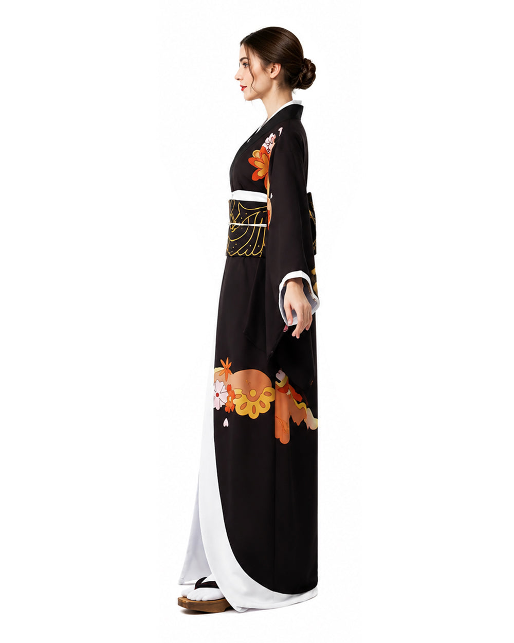 Female Demon King Costume Japanese Traditional Floral Black Kimono Set for Halloween Cosplay