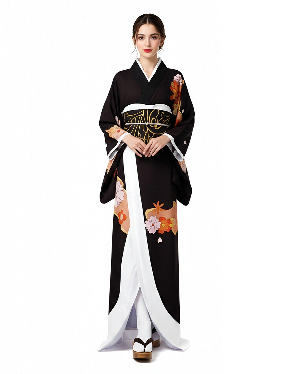 Female Demon King Costume Japanese Traditional Floral Black Kimono Set for Halloween Cosplay