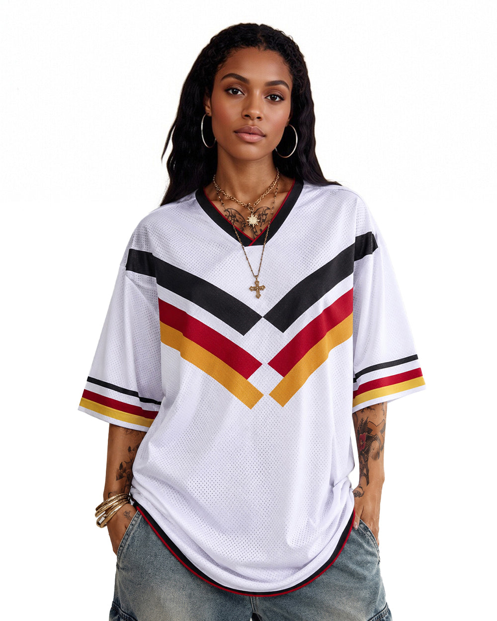 Women German Football Jersey White Oversized V Neck T Shirt for Game Day Football Fan Watch Party