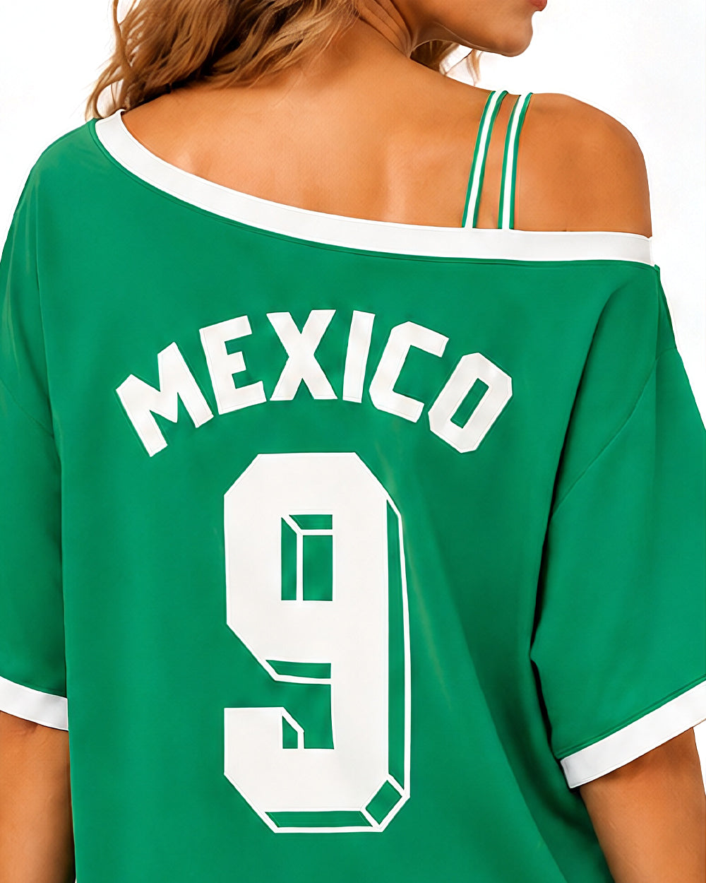 Women's Mexico Jersey Green One Shoulder Strappy Shirt for Sports Game Day Party