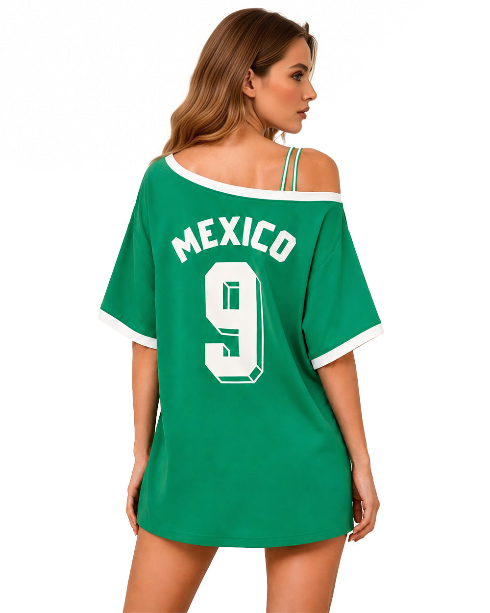 Women's Mexico Jersey Green One Shoulder Strappy Shirt for Sports Game Day Party