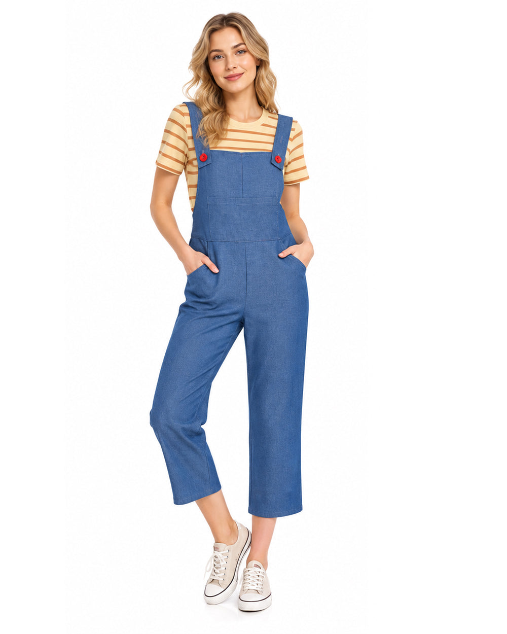 Women Striped Shirt and Denim Overalls Adult Animated Movie Youngest Sister Costume for Halloween