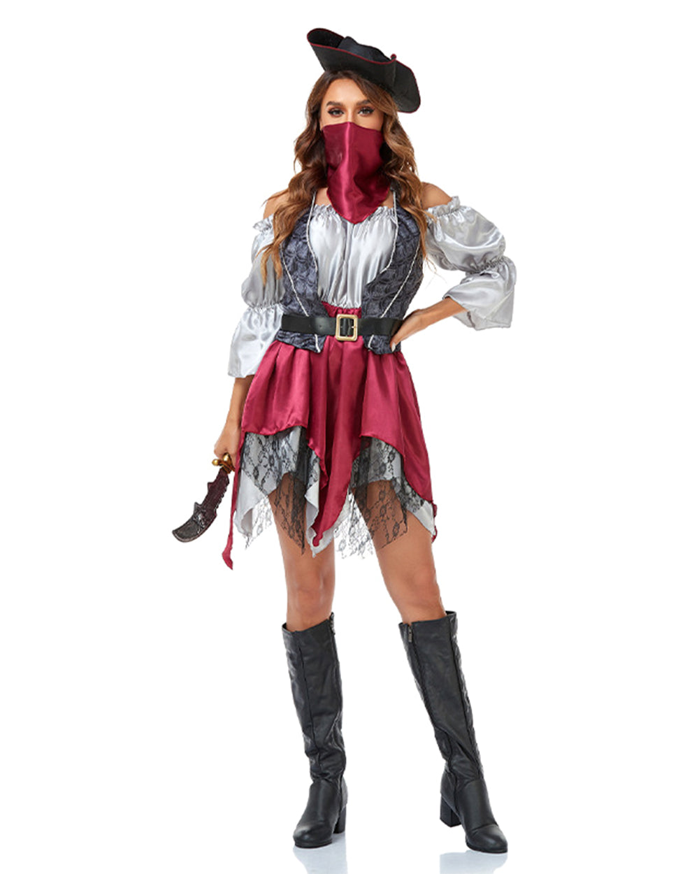 Women's Pirate Costume Castaway Dress Vest Hat and Accessories 5 pcs Set for Halloween Cosplay
