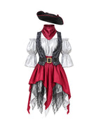 Women's Pirate Costume Castaway Dress Vest Hat and Accessories 5 pcs Set for Halloween Cosplay