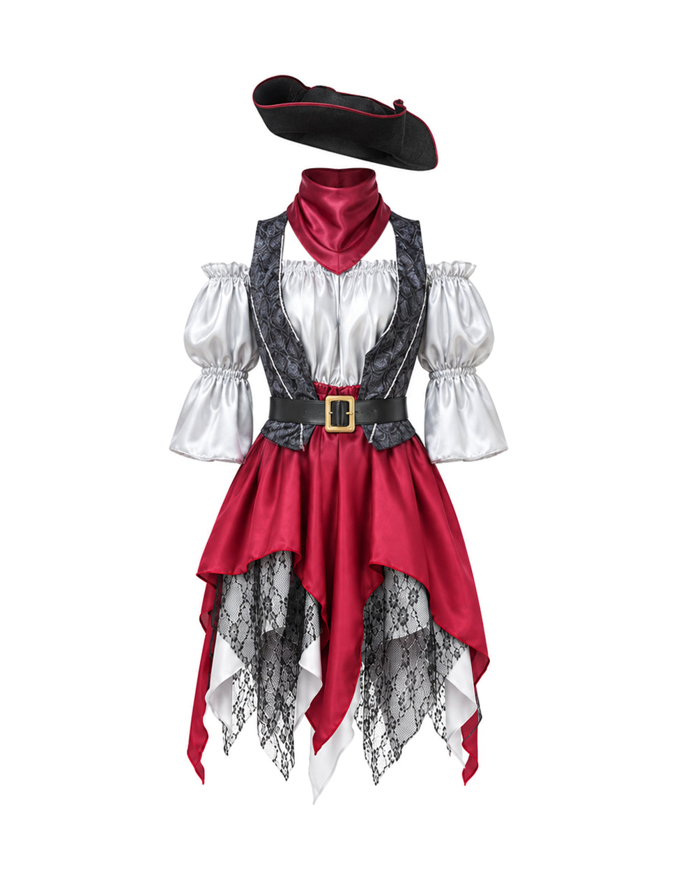 Women's Pirate Costume Castaway Dress Vest Hat and Accessories 5 pcs Set for Halloween Cosplay