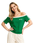 Women Green Mexico Soccer Fan T-shirt Off Shoulder Double Strap Cotton Tee for Football Game Night Lounging
