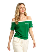 Women Green Mexico Soccer Fan T-shirt Off Shoulder Double Strap Cotton Tee for Football Game Night Lounging