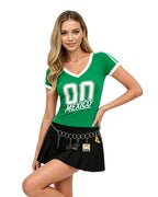 Women Green Mexico Soccer Fan T Shirt V Neck Slim Fit Cotton Tee for Football Bar Watching Casual Streetwear