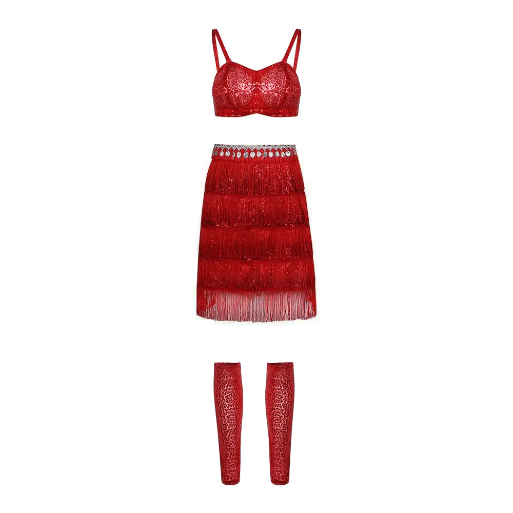 Popstar Performance Costume Red Sequin Fringe Skirt with Sparkly Bra and Leg Warmers for Cosplay