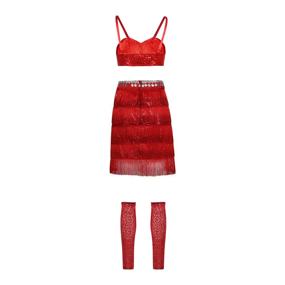 Popstar Performance Costume Red Sequin Fringe Skirt with Sparkly Bra and Leg Warmers for Cosplay