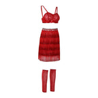 Popstar Performance Costume Red Sequin Fringe Skirt with Sparkly Bra and Leg Warmers for Cosplay