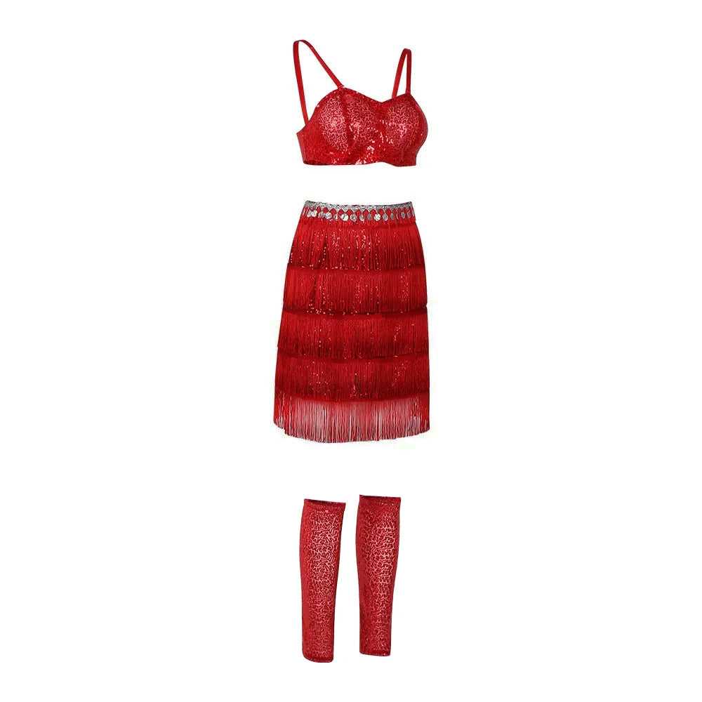 Popstar Performance Costume Red Sequin Fringe Skirt with Sparkly Bra and Leg Warmers for Cosplay