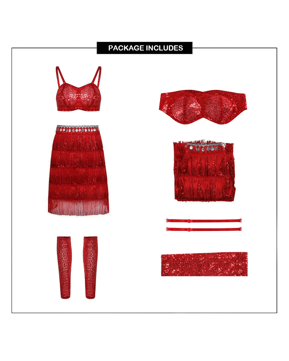 Popstar Performance Costume Red Sequin Fringe Skirt with Sparkly Bra and Leg Warmers for Cosplay