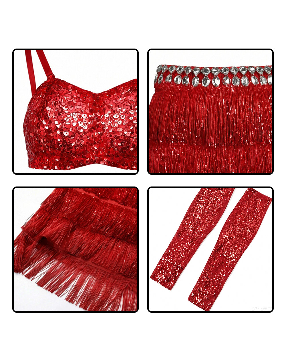 Popstar Performance Costume Red Sequin Fringe Skirt with Sparkly Bra and Leg Warmers for Cosplay