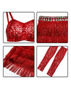 Popstar Performance Costume Red Sequin Fringe Skirt with Sparkly Bra and Leg Warmers for Cosplay