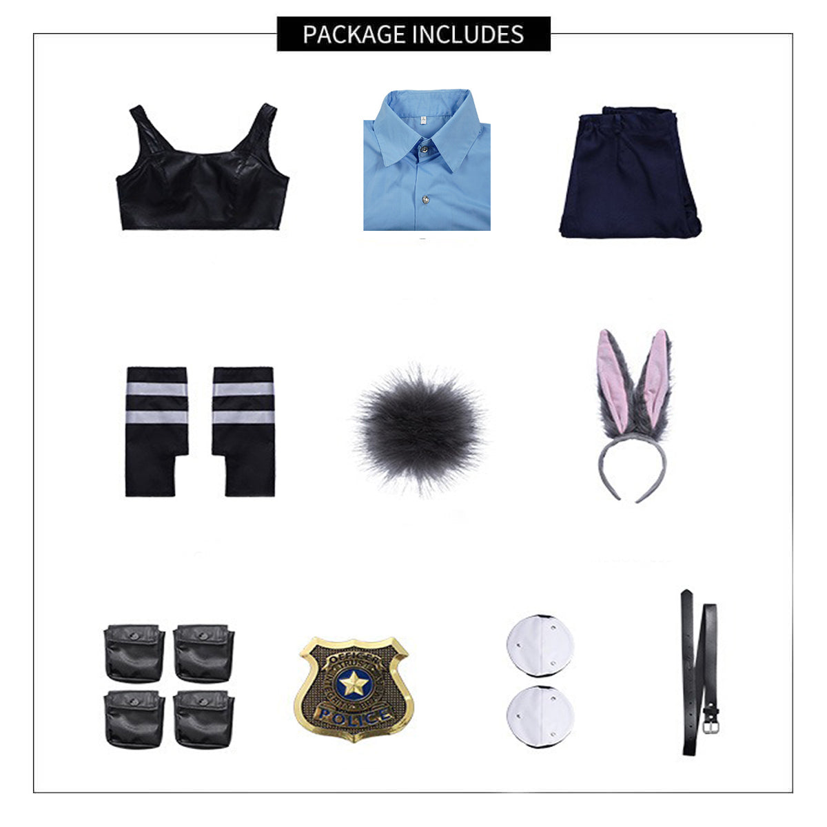Officer Judy Costume Blue Police Uniform with Badge Tail Ear Waistbag Complete Cosplay Suit