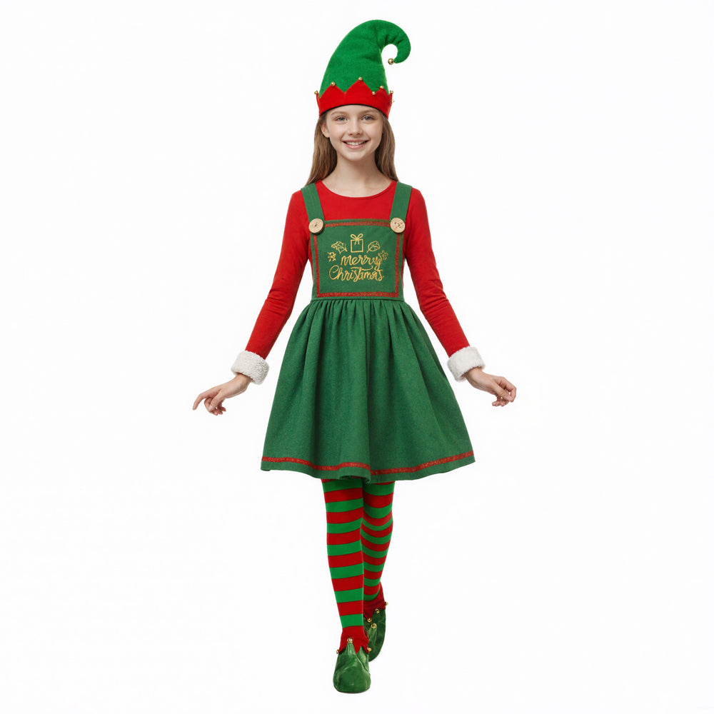 Elf Costume Cute Xmas Dress Hat Socks and Shoes 4pcs Suit Christmas Outfit for Kids Adults