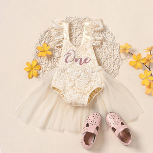 Newborn Baby Girls Romper Dress Mesh Lace One Letter Print Little Princess Party Dress