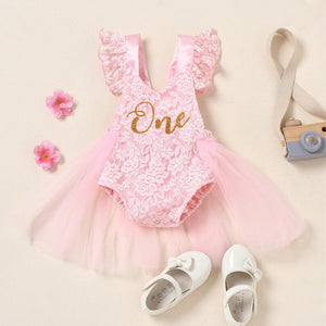 Newborn Baby Girls Romper Dress Mesh Lace One Letter Print Little Princess Party Dress