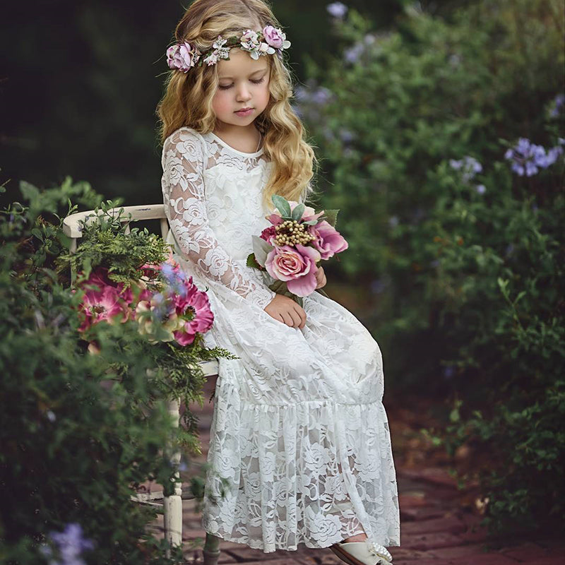 Floral Lace Backless Long Flower Girl Dresses Girls Bridesmaid Little – Sun  Baby