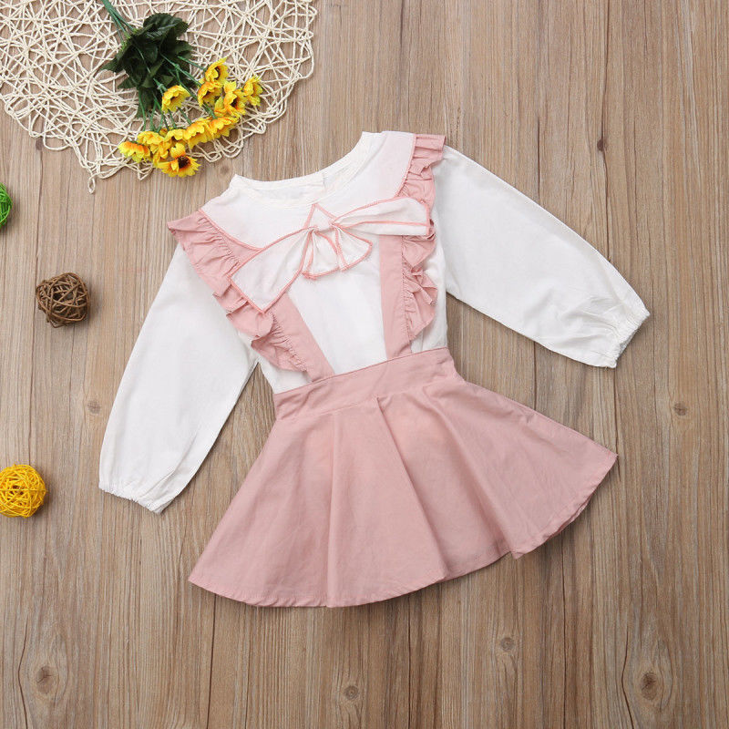 Kids Girl  Bow-knot White Long Sleeve Pink Shirt  Outfit 2PCS
