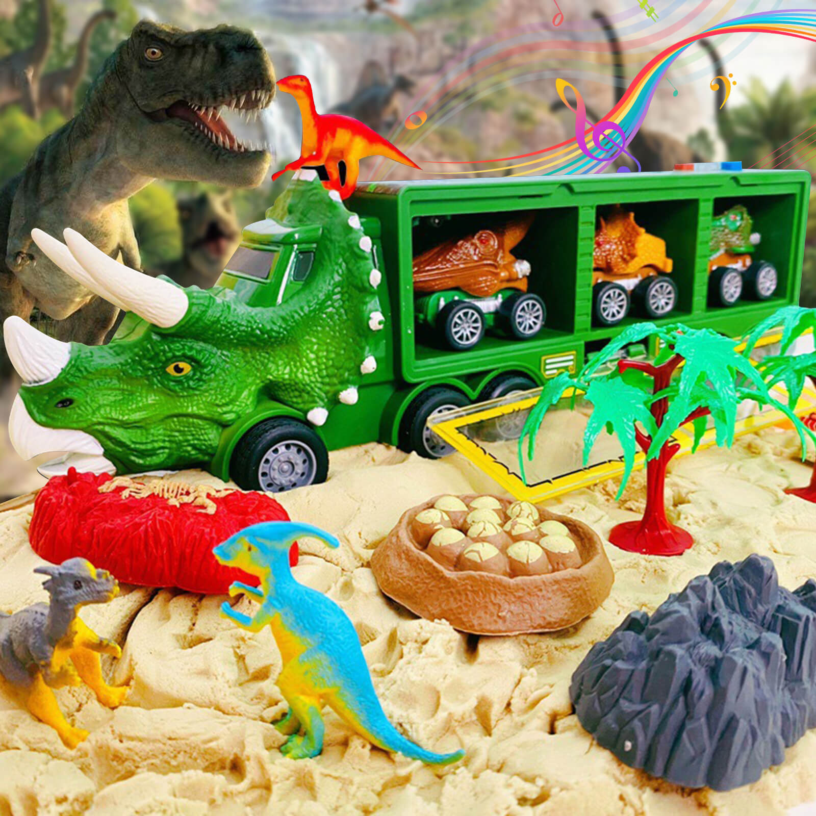 14-in-1 Kids Dinosaur Toys With Light Music Sound A Big Dinosaur Truck and 3 Dino Cars 3 Dinos