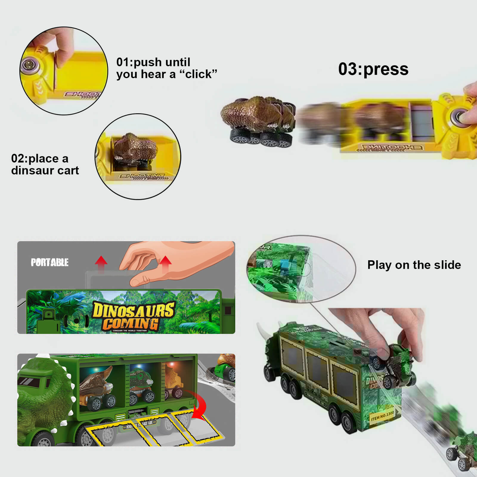 14-in-1 Kids Dinosaur Toys With Light Music Sound A Big Dinosaur Truck and 3 Dino Cars 3 Dinos