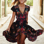 ¡¾HOT SALE¡¿Floral Print Shirred Waist Butterfly Sleeve Tie Front High Low Hem Dress