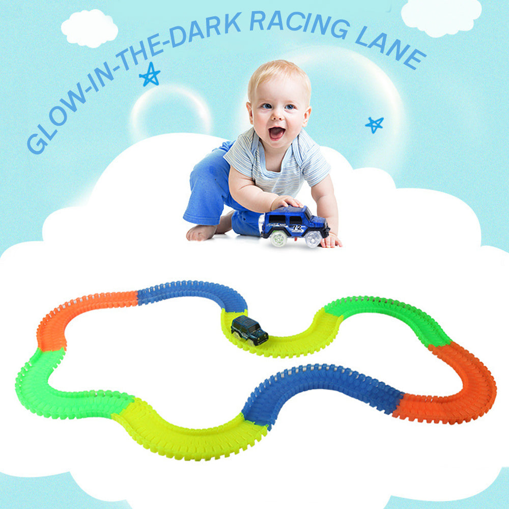 Magic Tracks with 9Ft Flexible Glow Racing Tracks 220Pcs and Light up Racing Polic Car